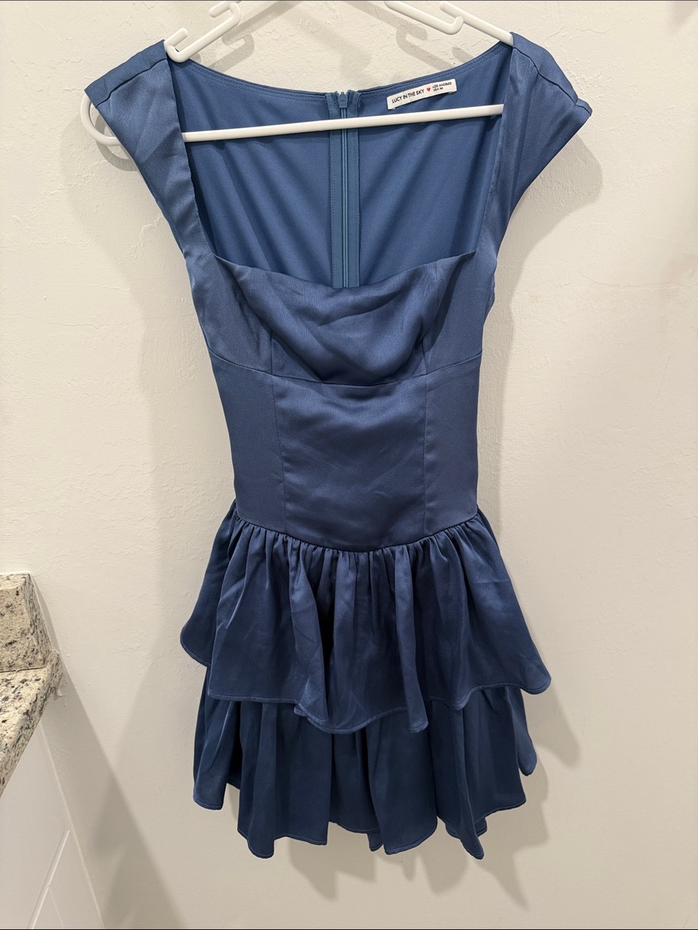 Lucy in the Sky Blue Satin Tiered Ruffle Mini Dress